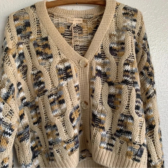 Gilded Intent Cable Knit Cardigan Sweater Cream Blue Camel Tones Size Small - Picture 7 of 12